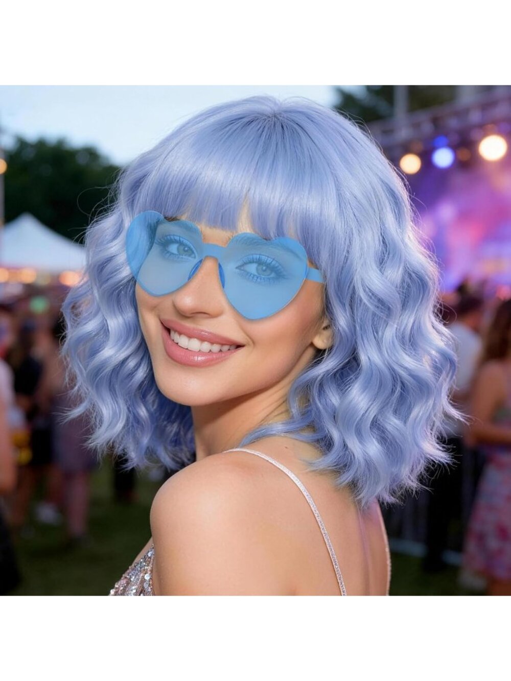 Women's Light Blue Synthetic Curly Wavy Shoulder Length Modern Hair Bob Wigs